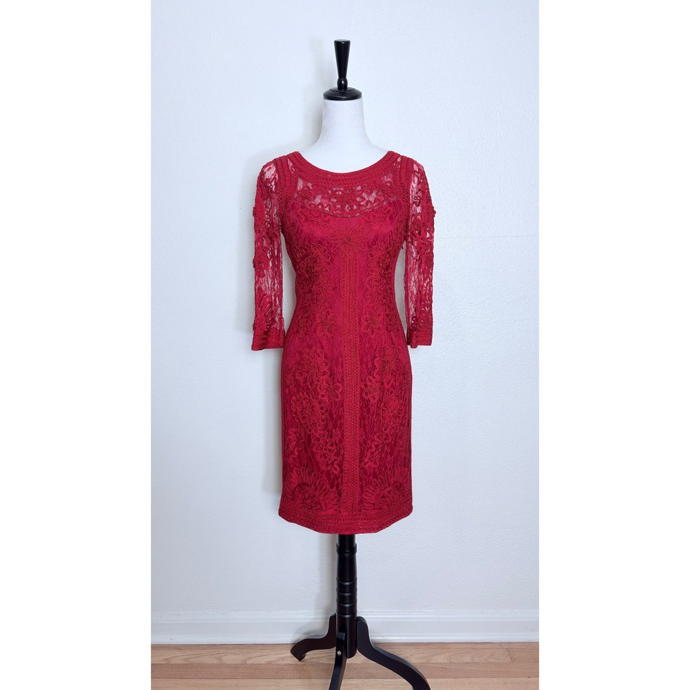 Sue Wong Nocturne Red Floral Lace Sheer 3/4 Sleeves Knee Length Dress Size 4